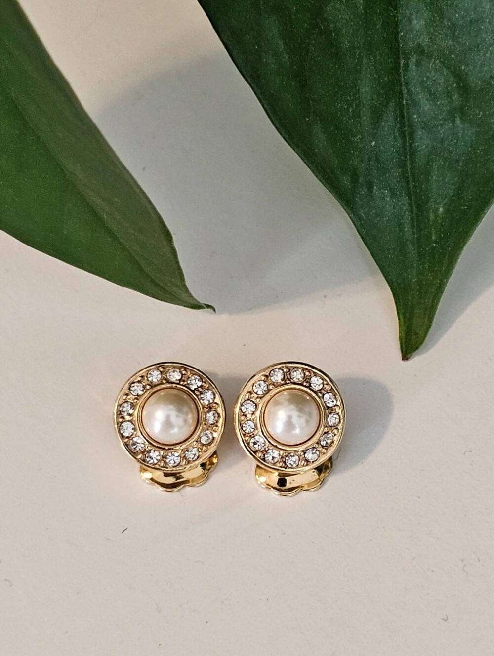 Christian Dior Vintage Clip On Small Faux Pearl and Crystal Earrings
